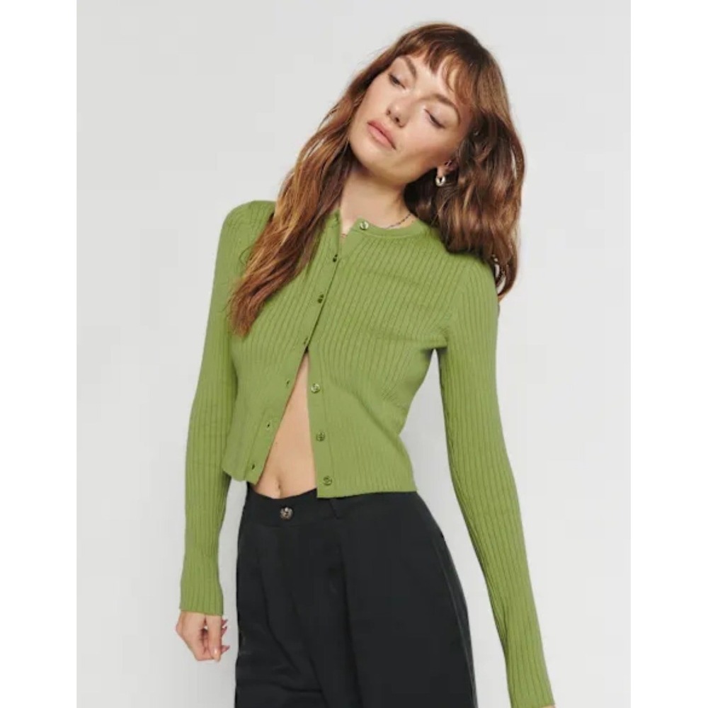 Reformation Joanne Cardigan Women Large Green Excellent Ribbed Organic Cotton